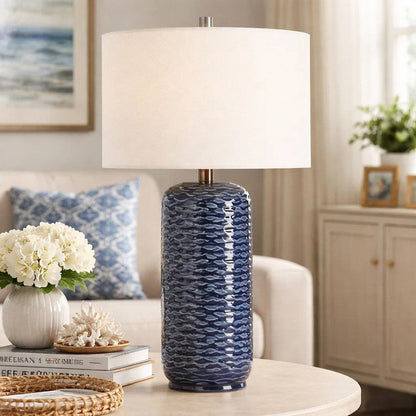 27 Inch Ceramic Table Lamp, Wavy Texture, Blue, Silver, White