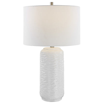 27 Inch Ceramic Table Lamp, Wavy Texture, Silver, White
