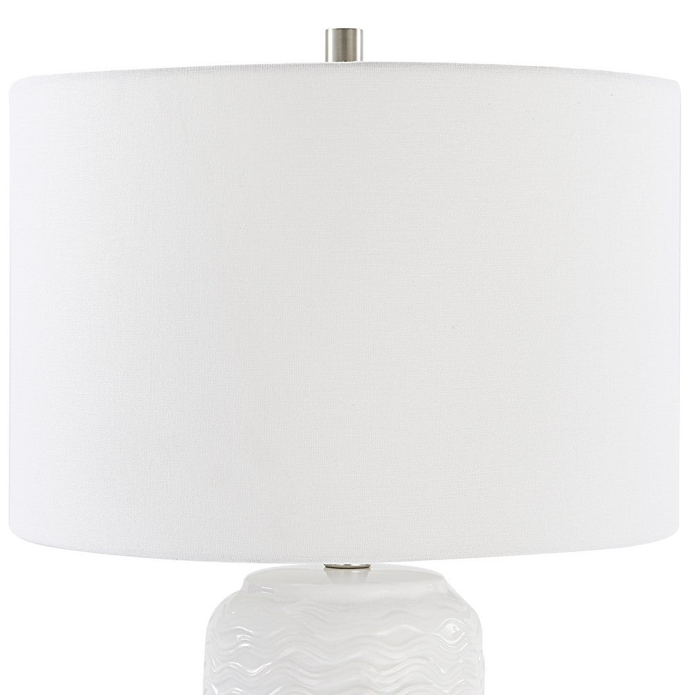 27 Inch Ceramic Table Lamp, Wavy Texture, Silver, White