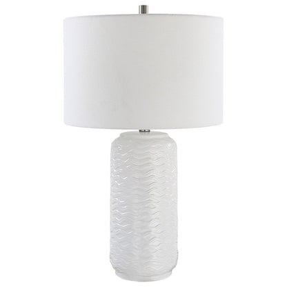 27 Inch Ceramic Table Lamp, Wavy Texture, Silver, White