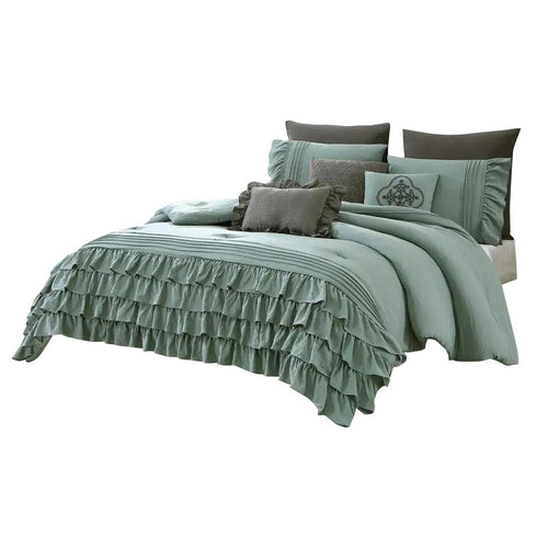 Tyler 8 Piece Ruffled King Size Comforter Set, The Urban Port, Green, Gray