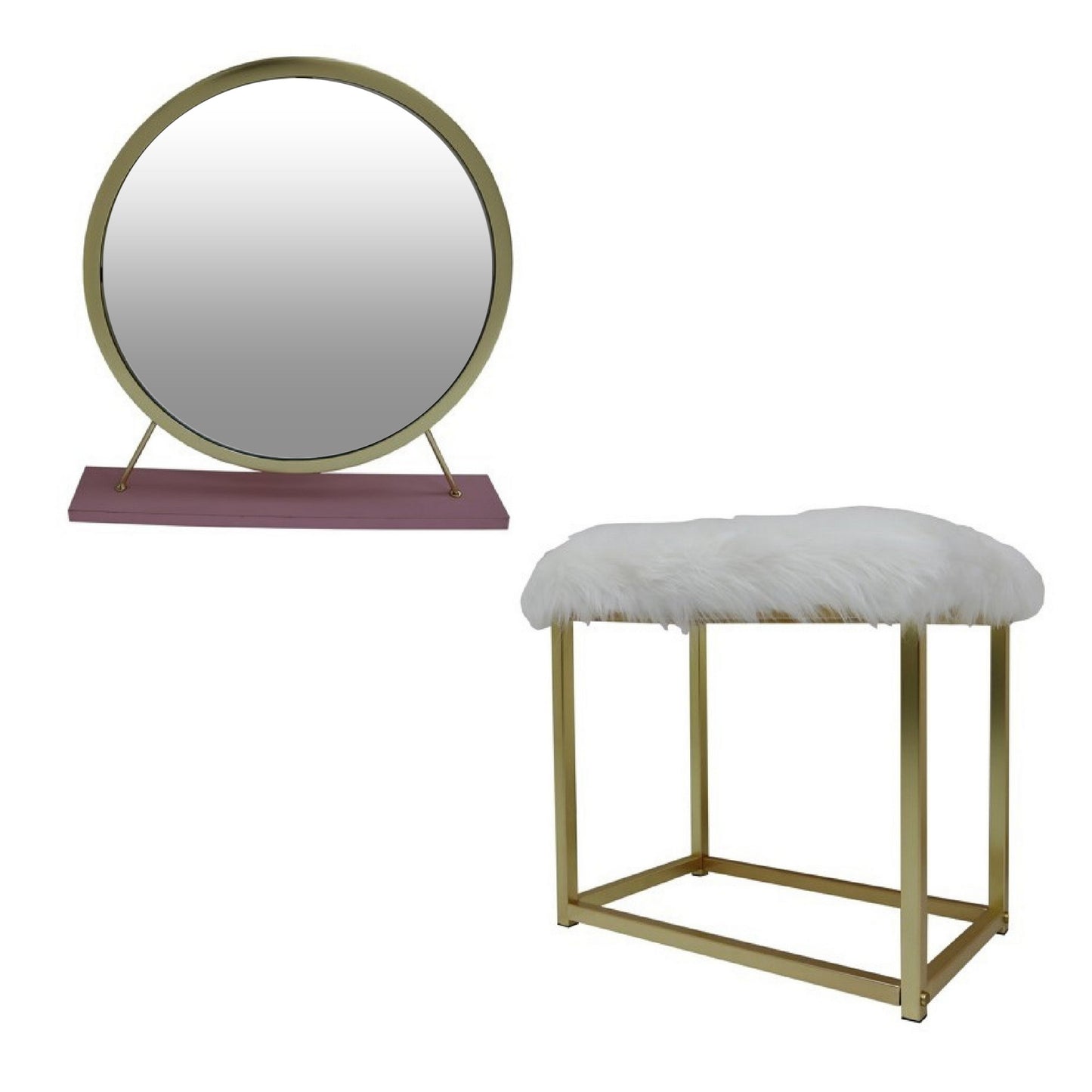 Rose Round Vanity Mirror with Stool, Faux Fur Seat, Brass. Pink — Chic Home-Decor
