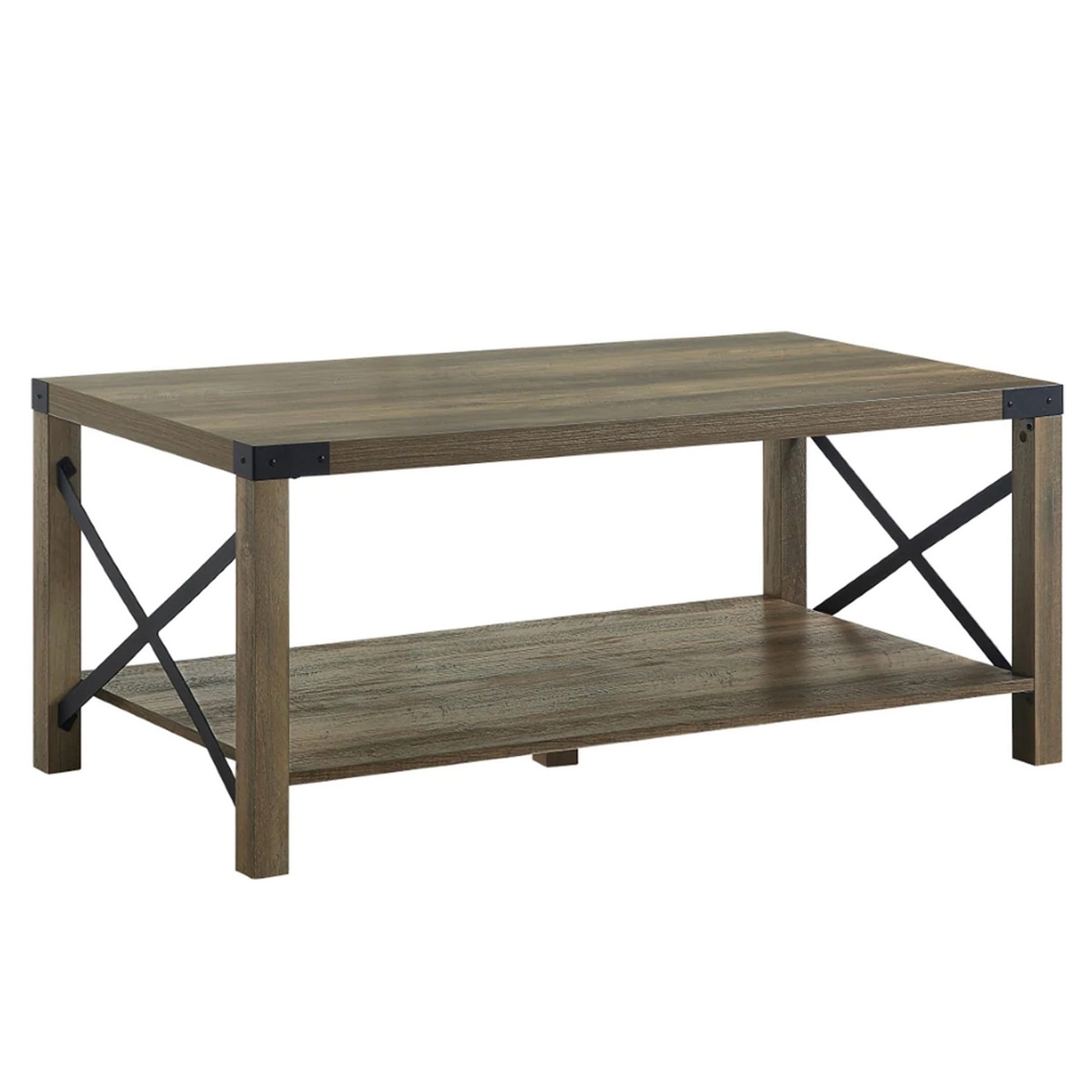 Eli 47 Inch Wood Coffee Table, Metal Brackets, Cross Bars, Rustic Oak Brown — Chic Home-Decor