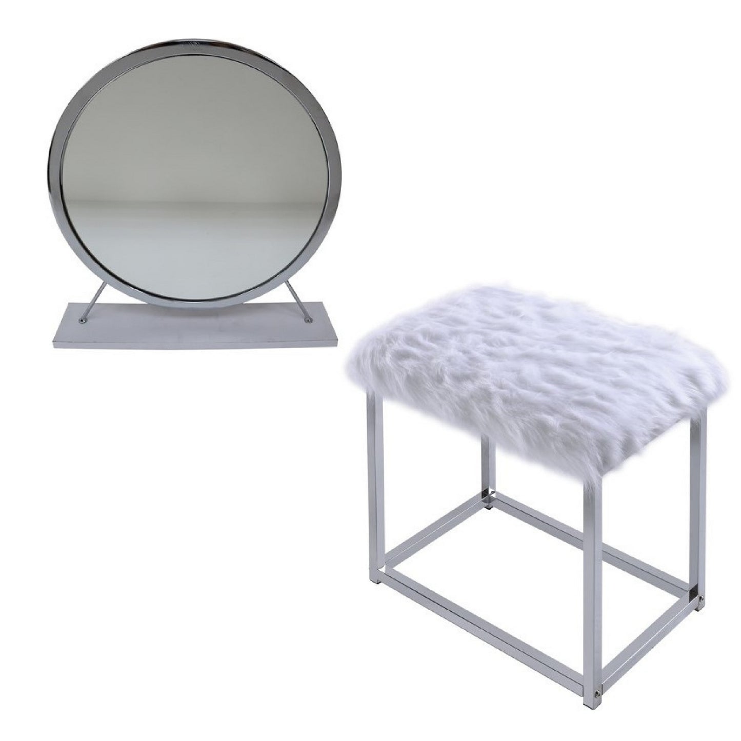 Rose Round Vanity Mirror with Stool, Faux Fur Seat, Gray, White — Chic Home-Decor