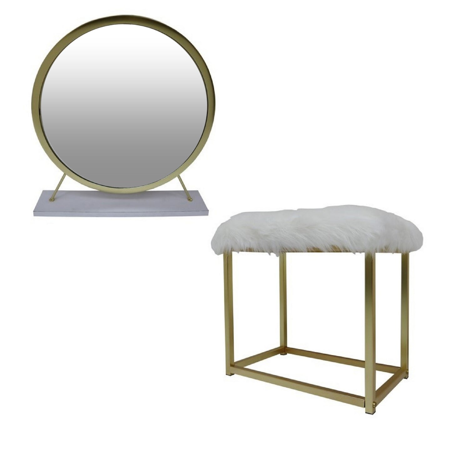 Rose Round Vanity Mirror with Stool, Faux Fur Seat, Brass, White — Chic Home-Decor