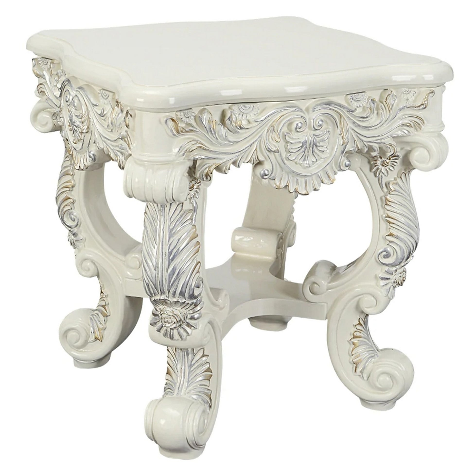 Ataa 28 Inch Square End Table, Ornate Floral Carvings, Claw Feet, White — Chic Home-Decor