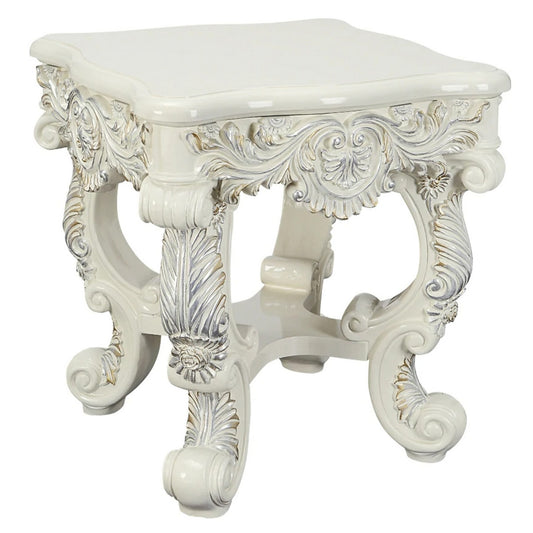 Ataa 28 Inch Square End Table, Ornate Floral Carvings, Claw Feet, White — Chic Home-Decor