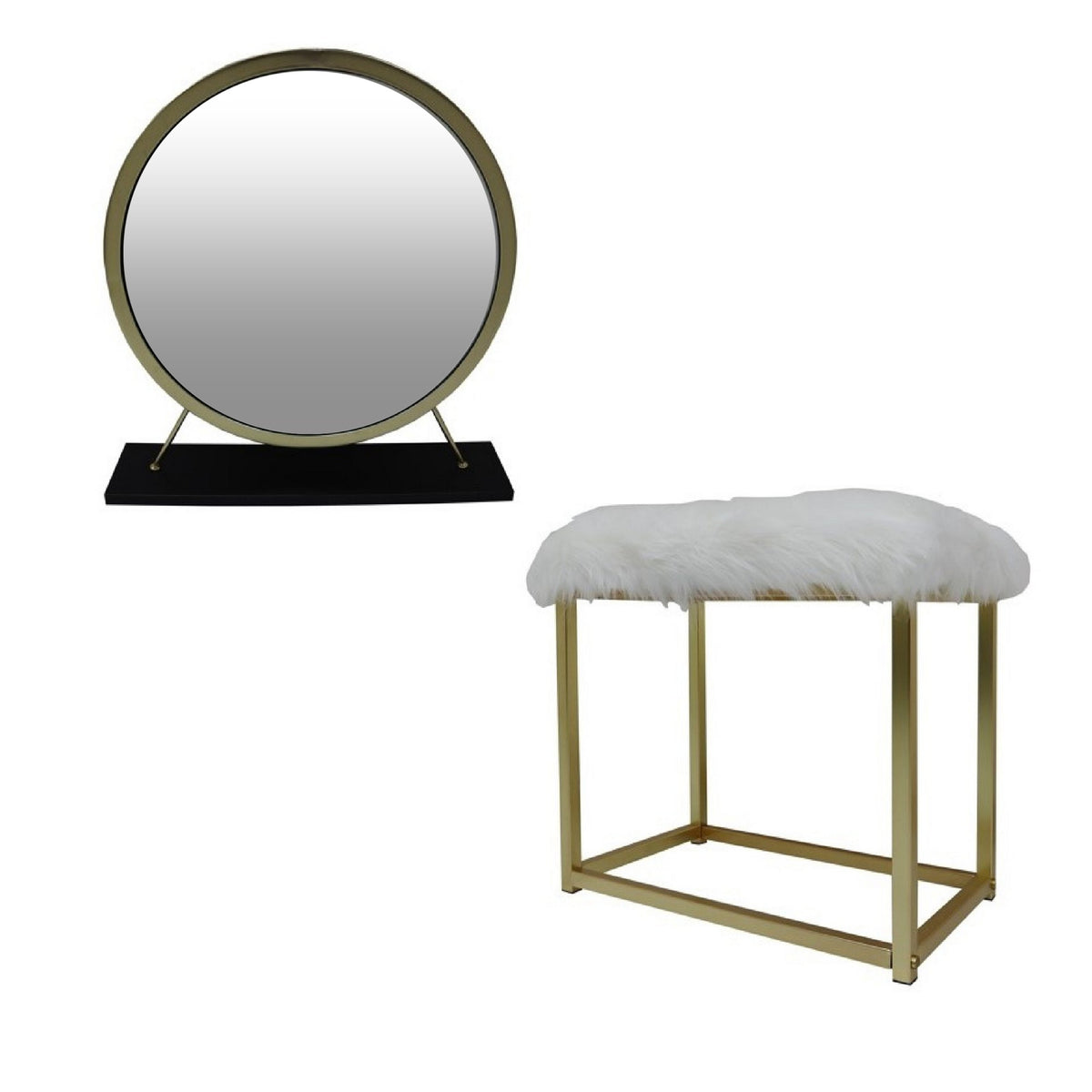 Rose Round Vanity Mirror with Stool, Faux Fur Seat, Brass, Black — Chic Home-Decor