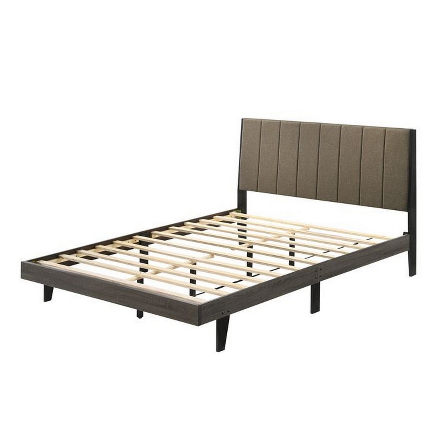 Modern Wood Platform Queen Bed, Channel Tufted Upholstery, Brown, Gray — Chic Home-Decor