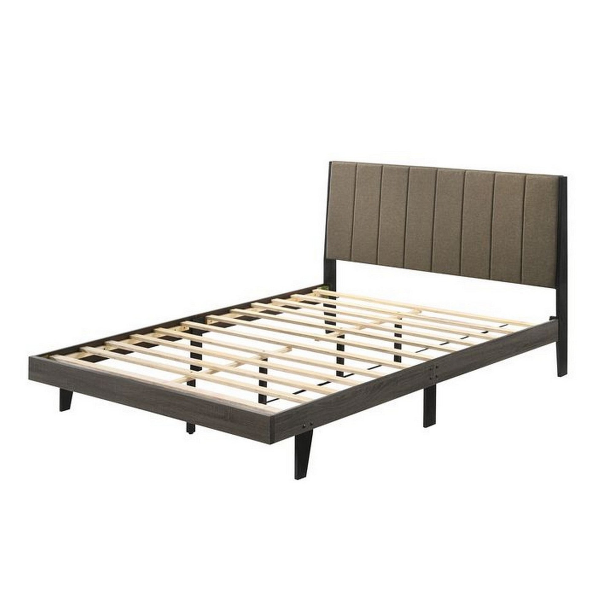 Modern Wood Platform Queen Bed, Channel Tufted Upholstery, Brown, Gray — Chic Home-Decor