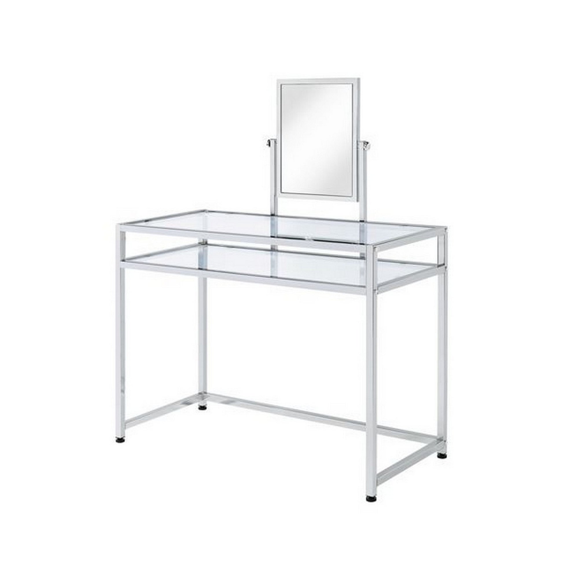 42 Inch 3 Piece Vanity Desk Set, Mirror, Faux Fur Padded Seat, Chrome Metal — Chic Home-Decor
