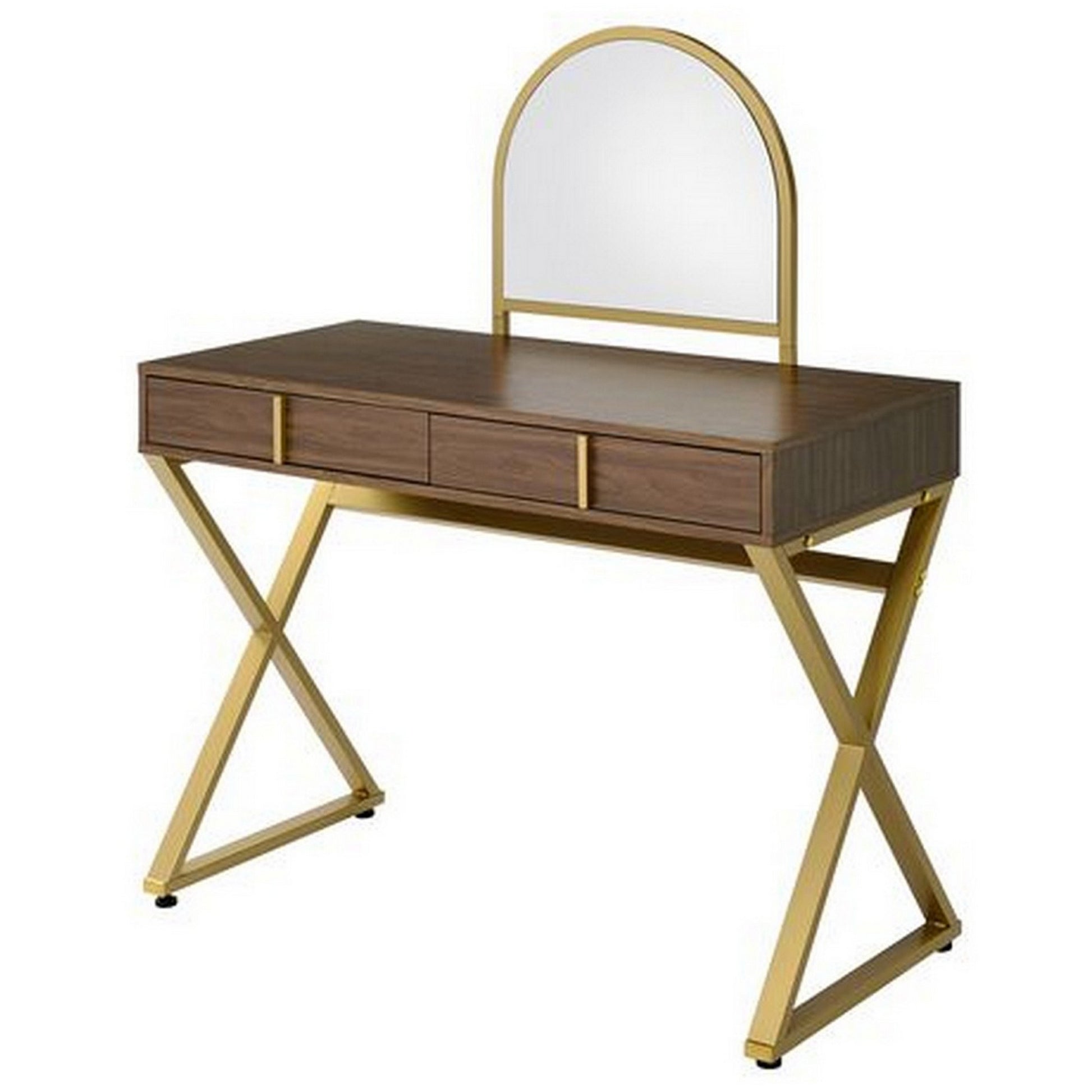 50 Inch Classic Arched Mirror Vanity Desk, Wood, X Metal Frame, Brown, Gold — Chic Home-Decor
