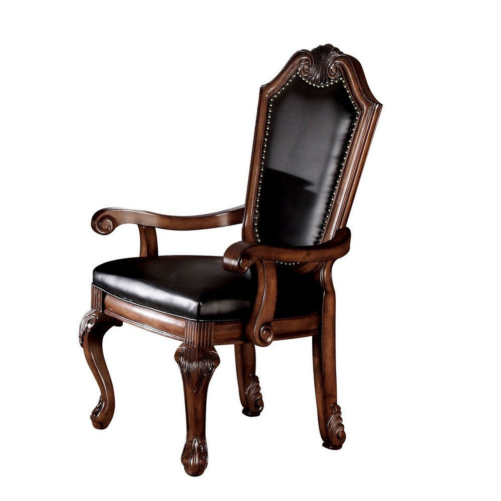 Loki 28 Inch Dining Armchair, Nailhead Trim, Faux Leather, Set of 2, Brown