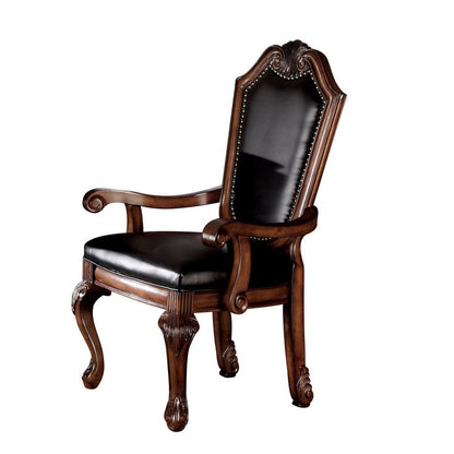 Loki 28 Inch Dining Armchair, Nailhead Trim, Faux Leather, Set of 2, Brown