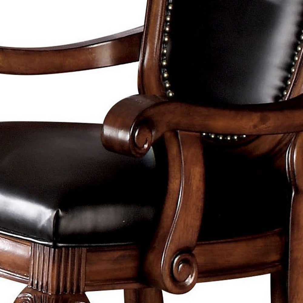 Loki 28 Inch Dining Armchair, Nailhead Trim, Faux Leather, Set of 2, Brown