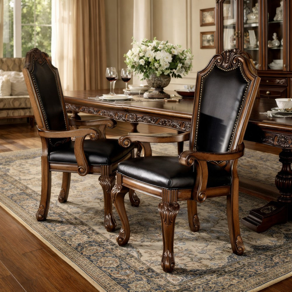 Loki 28 Inch Dining Armchair, Nailhead Trim, Faux Leather, Set of 2, Brown