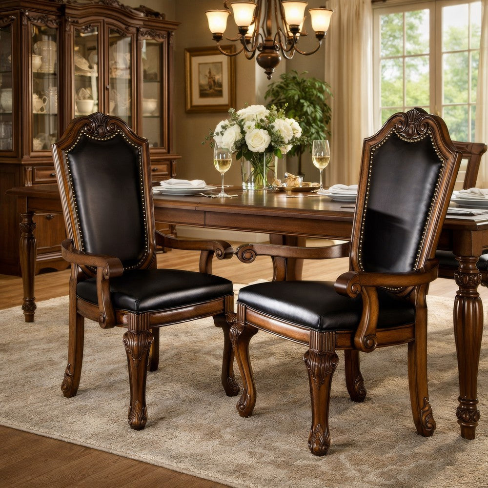 Loki 28 Inch Dining Armchair, Nailhead Trim, Faux Leather, Set of 2, Brown