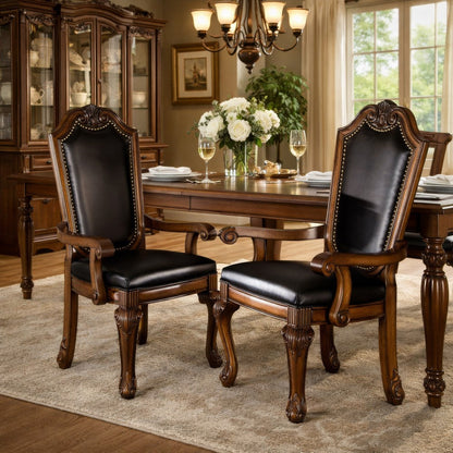 Loki 28 Inch Dining Armchair, Nailhead Trim, Faux Leather, Set of 2, Brown