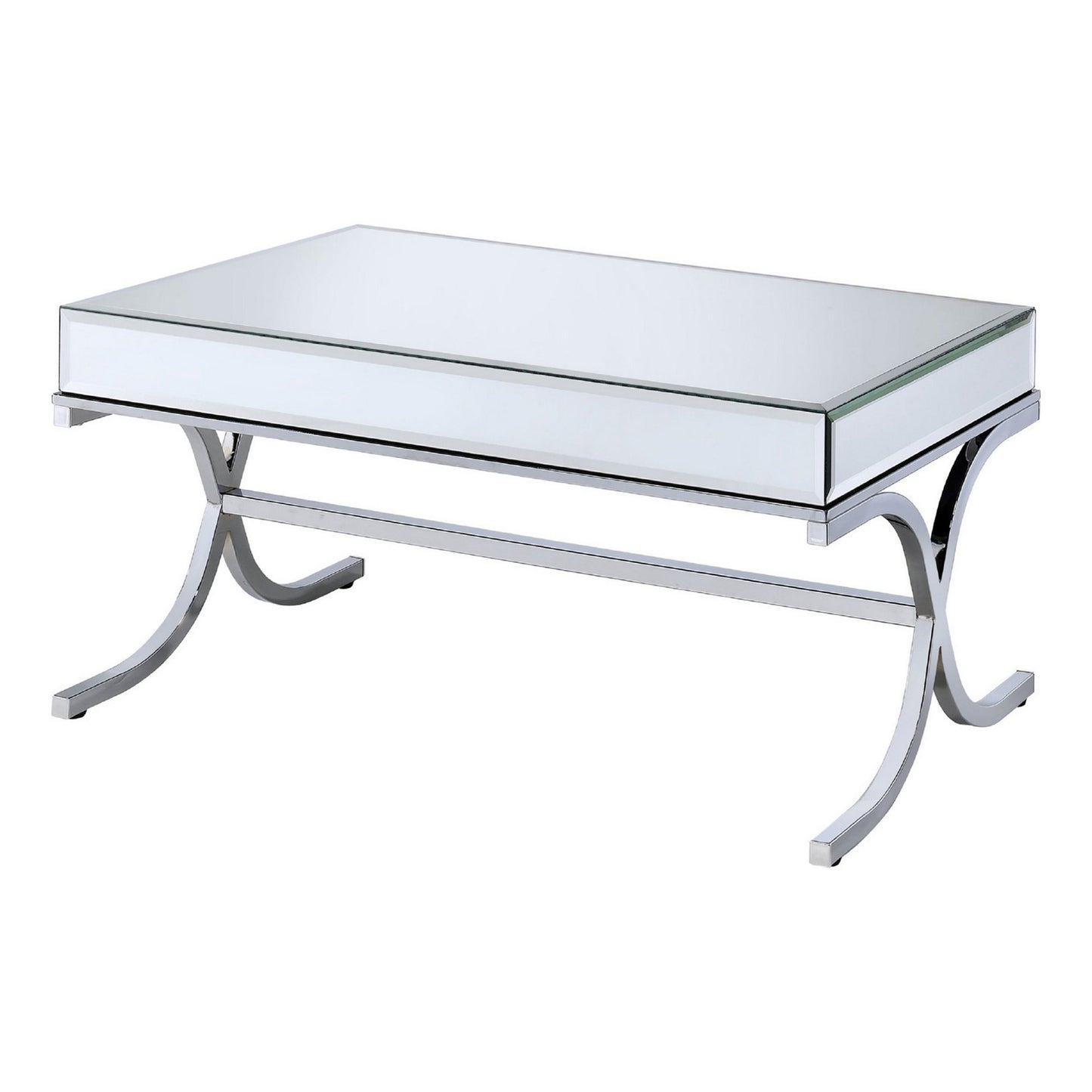 42 Inch Rectangular Coffee Table, Mirrored, X Shaped Metal Legs, Silver — Chic Home-Decor