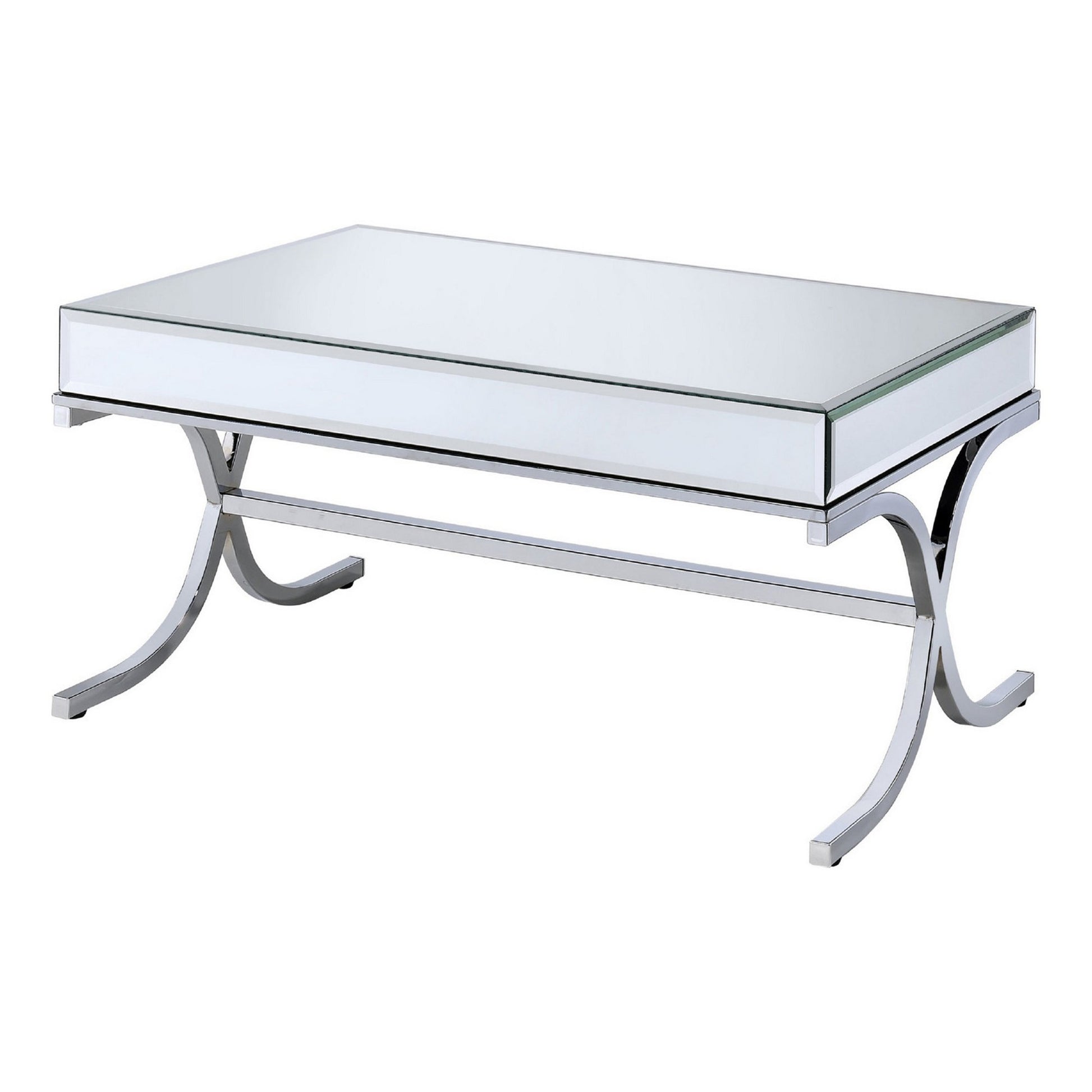 42 Inch Rectangular Coffee Table, Mirrored, X Shaped Metal Legs, Silver — Chic Home-Decor