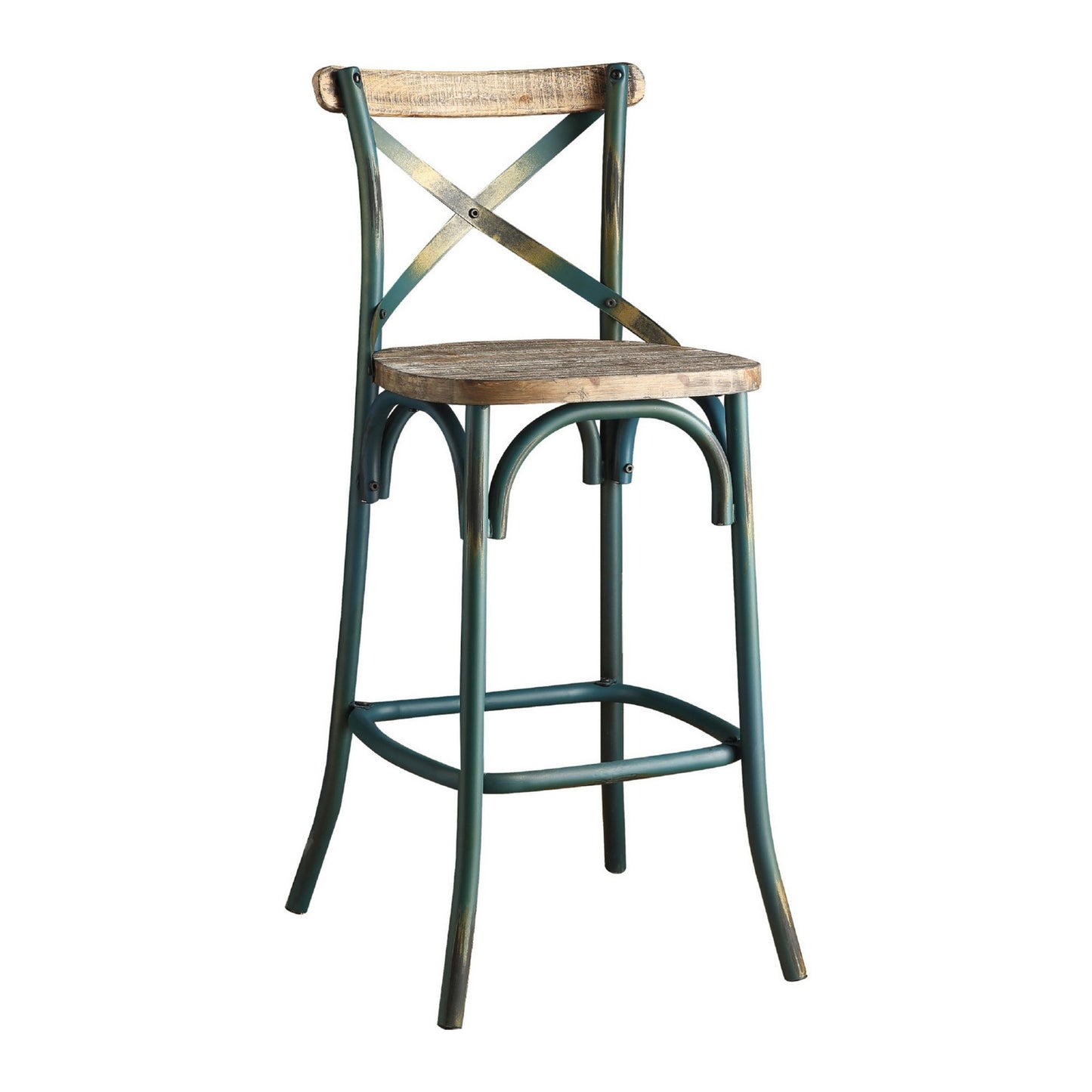 Chad 29 Inch Modern Bar Height Chair, Footrest, X Backrest, Green, Oak Wood — Chic Home-Decor