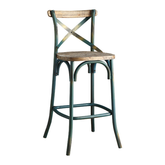 Chad 29 Inch Modern Bar Height Chair, Footrest, X Backrest, Green, Oak Wood — Chic Home-Decor