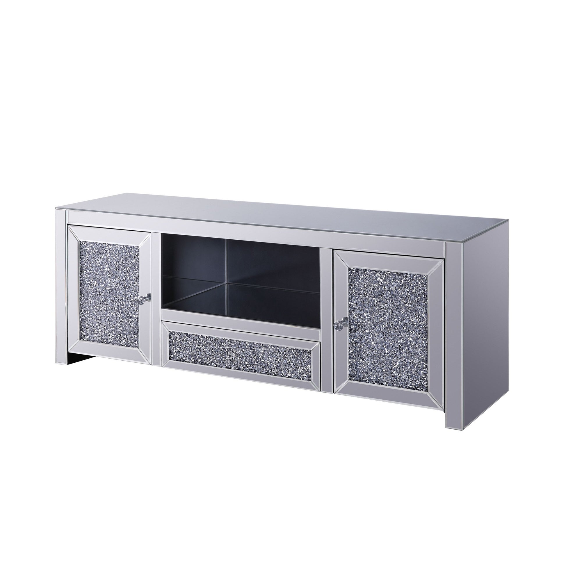 Noe 59 Inch Wood TV Entertainment Media Console, Faux Diamond Inlay, Silver — Chic Home-Decor