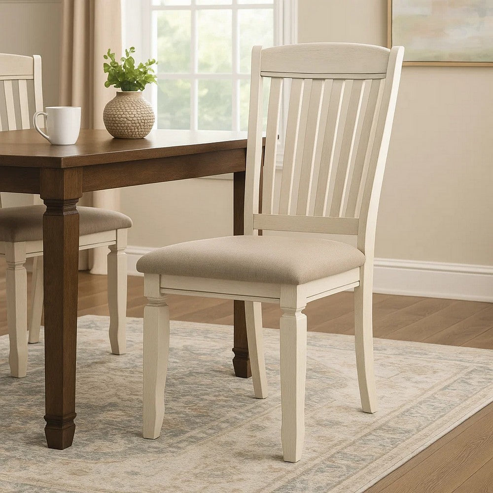 18 Inch Dining Chair, Fabric Padded Seat, Slatted, Set of 2, Antique White