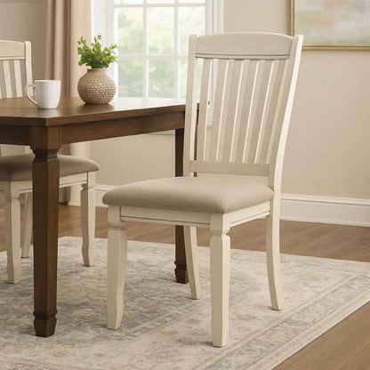 18 Inch Dining Chair, Fabric Padded Seat, Slatted, Set of 2, Antique White