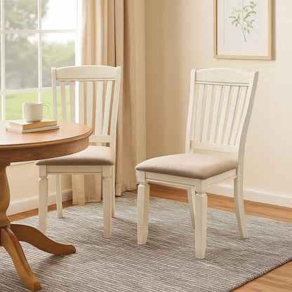 18 Inch Dining Chair, Fabric Padded Seat, Slatted, Set of 2, Antique White