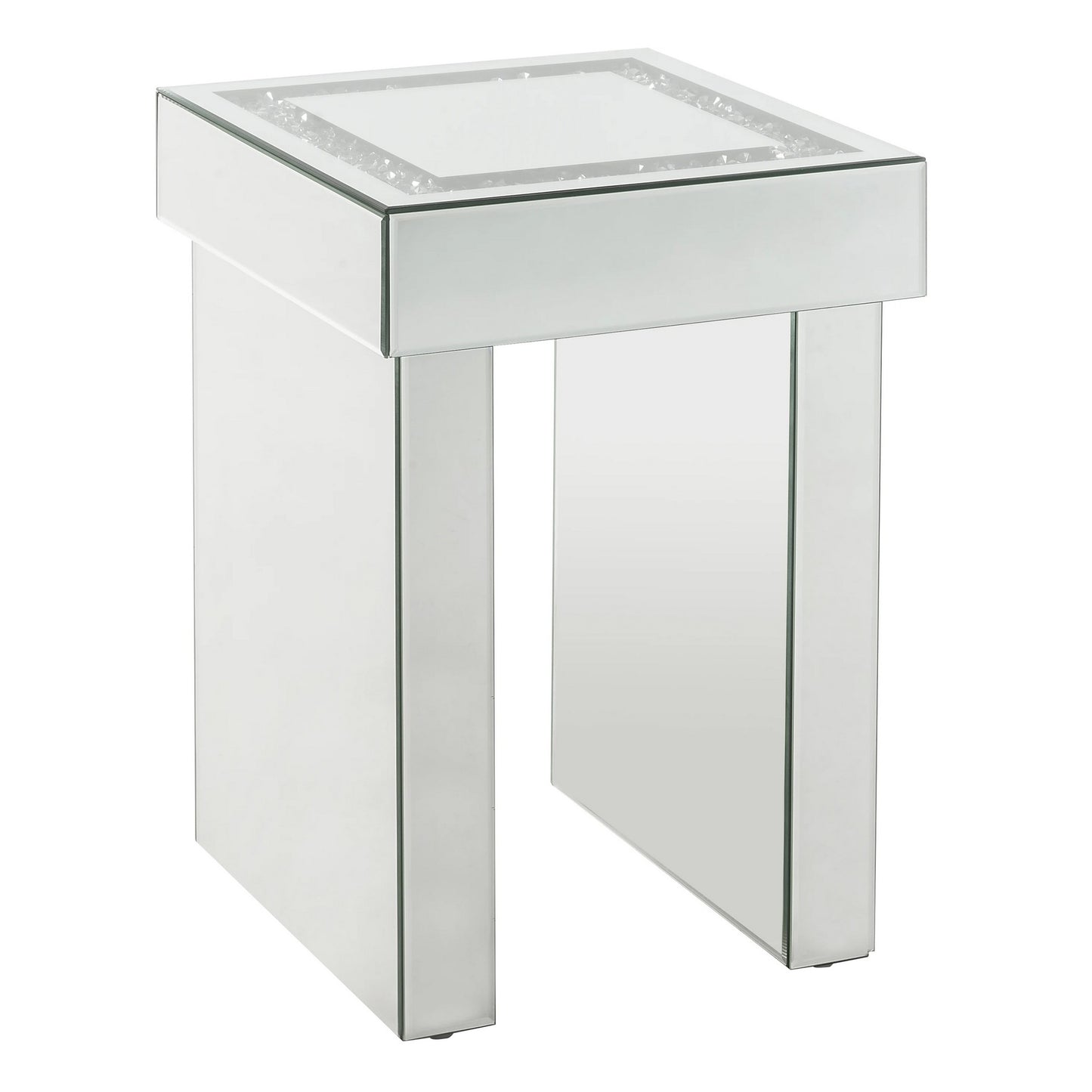 Noe 24 Inch Square End Accent Table, Mirrored, Faux Diamond Inlay, Silver — Chic Home-Decor