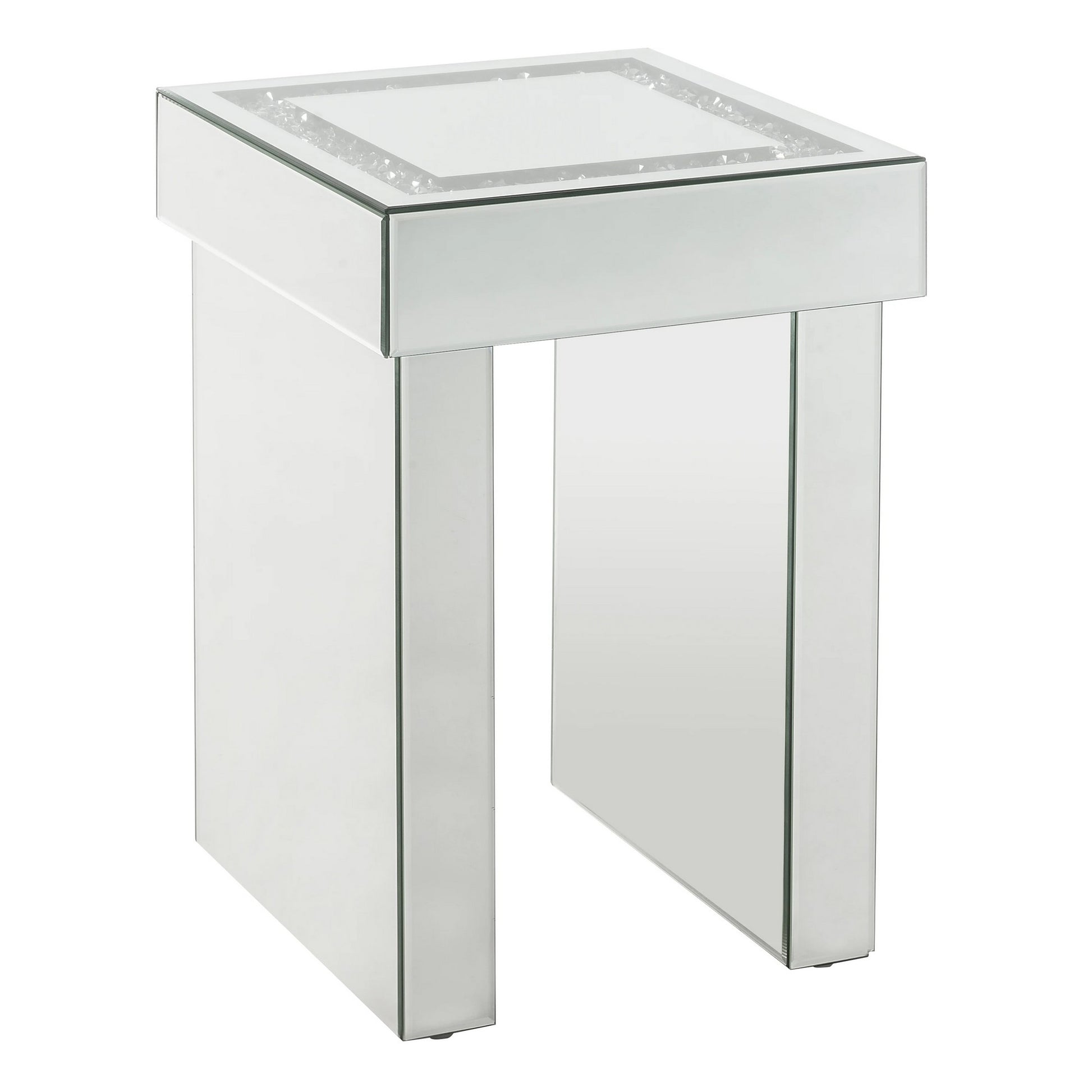 Noe 24 Inch Square End Accent Table, Mirrored, Faux Diamond Inlay, Silver — Chic Home-Decor