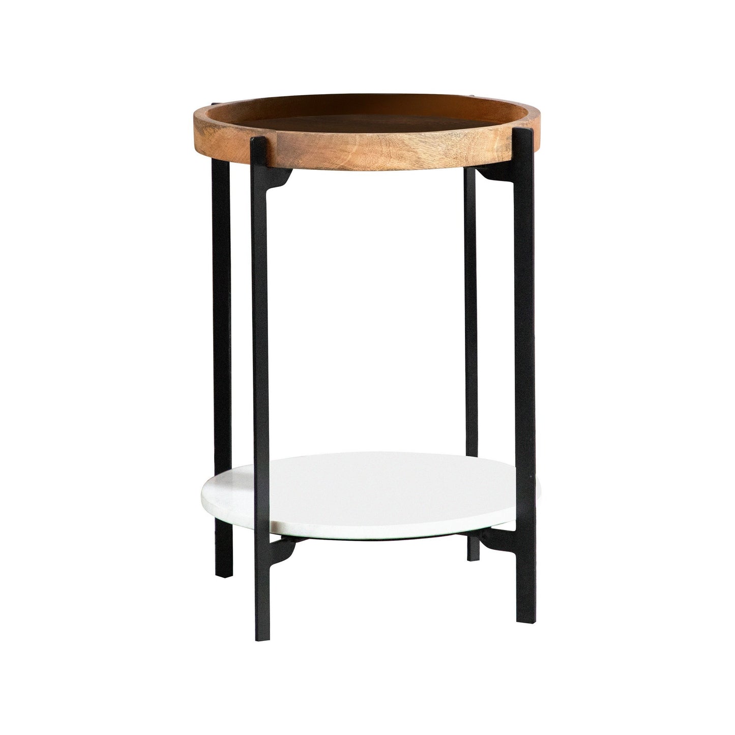 24 Inch Modern End Accent Table, Round Marble Shelf, Wood, White, Brown — Chic Home-Decor