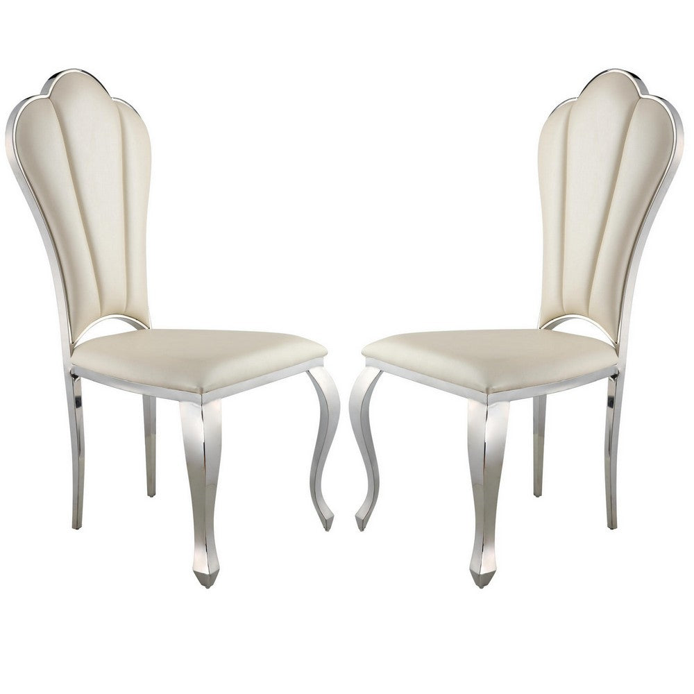 Kuri 23 Inch Dining Chair, Scalloped Back, Vegan Leather, Set of 2, Beige