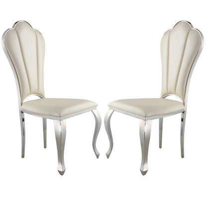 Kuri 23 Inch Dining Chair, Scalloped Back, Vegan Leather, Set of 2, Beige