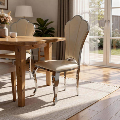 Kuri 23 Inch Dining Chair, Scalloped Back, Vegan Leather, Set of 2, Beige
