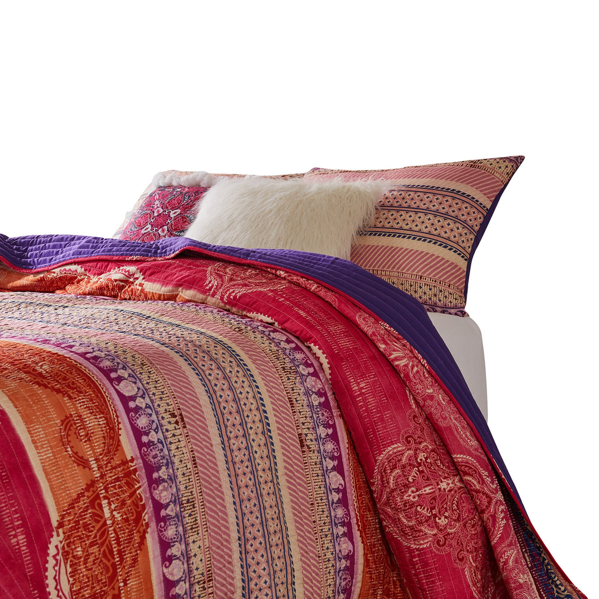 Dora 3 Piece Bohemian Full Quilt Set, Medallion, Paisley, Pink, Blue