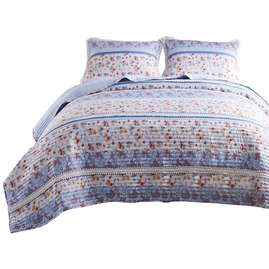 Joa 3 Piece Microfiber King Quilt Set, Floral Print, Lace Trim