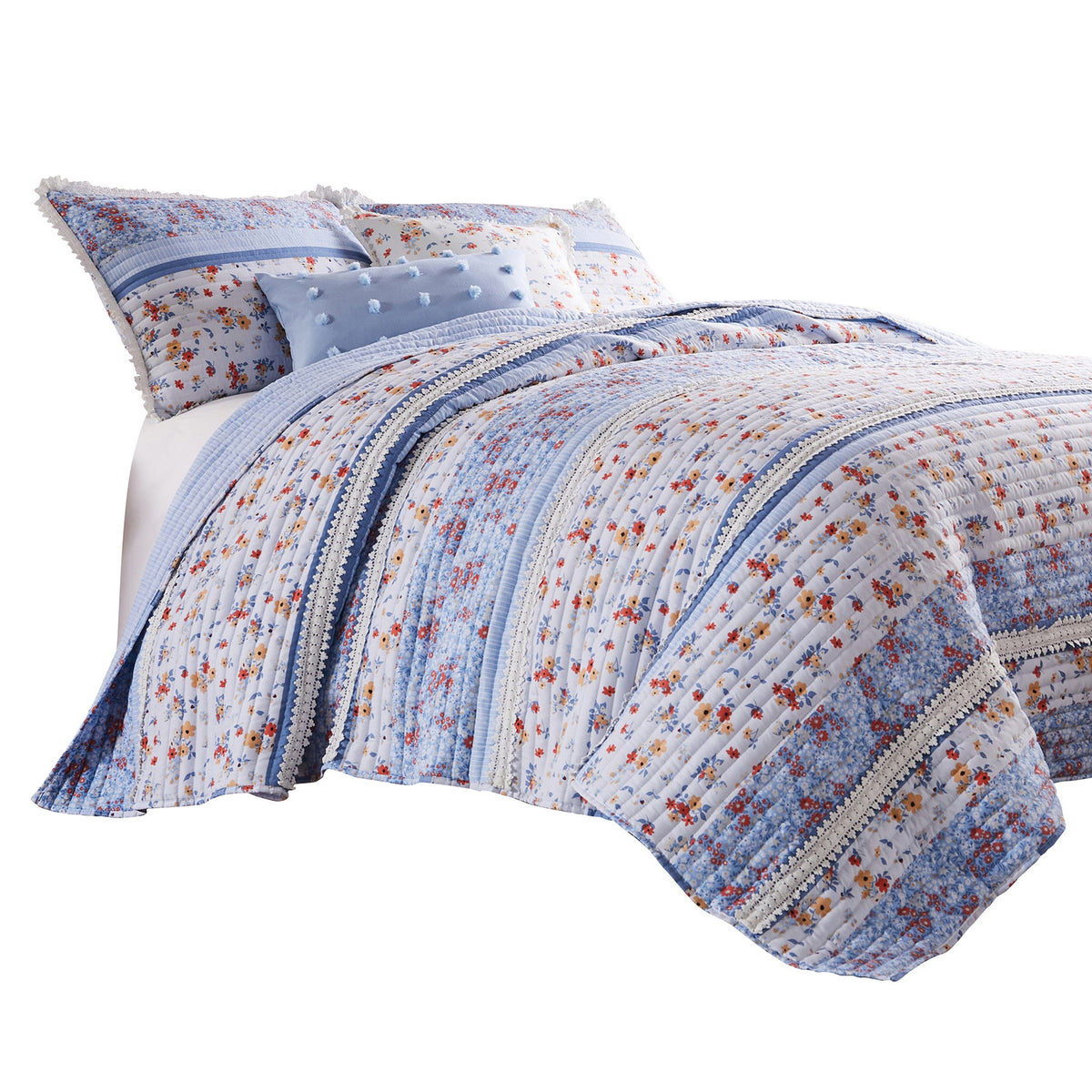 Joa 3 Piece Microfiber King Quilt Set, Floral Print, Lace Trim