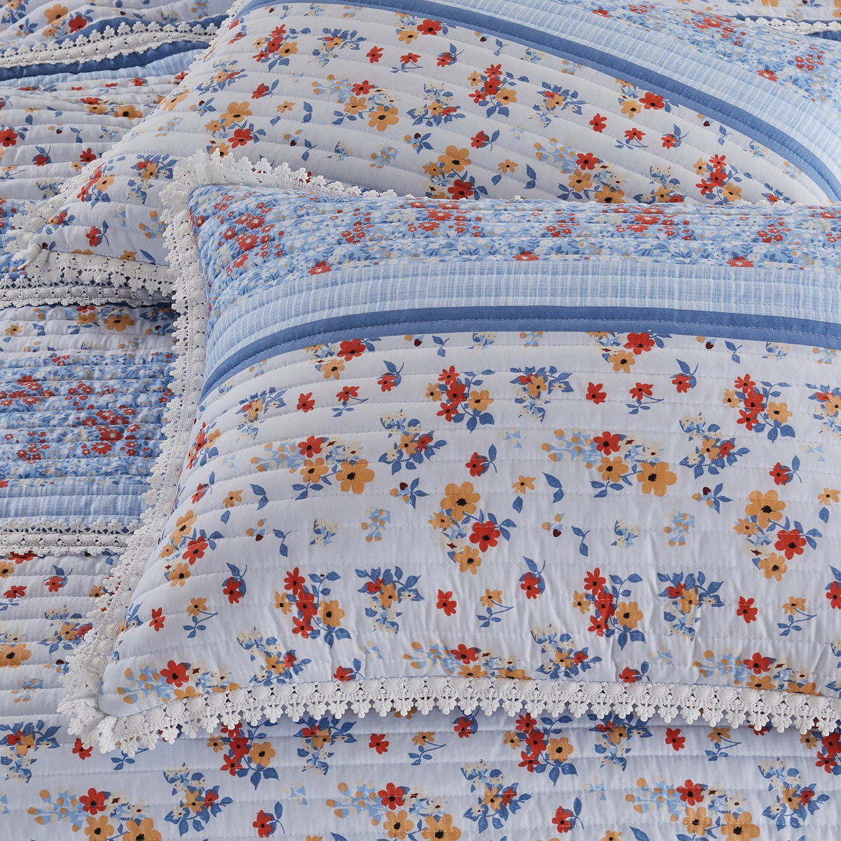 Joa 3 Piece Microfiber King Quilt Set, Floral Print, Lace Trim