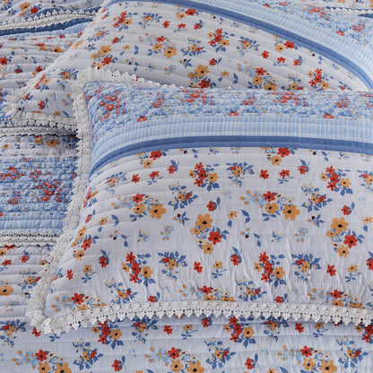 Joa 3 Piece Microfiber King Quilt Set, Floral Print, Lace Trim