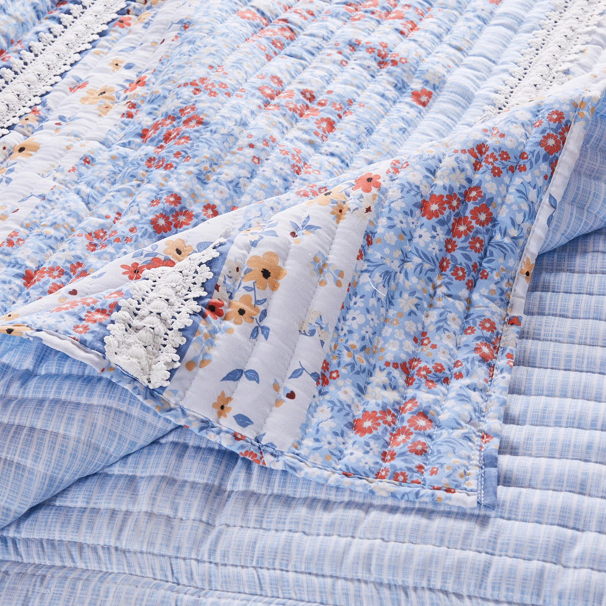 Joa 3 Piece Microfiber King Quilt Set, Floral Print, Lace Trim