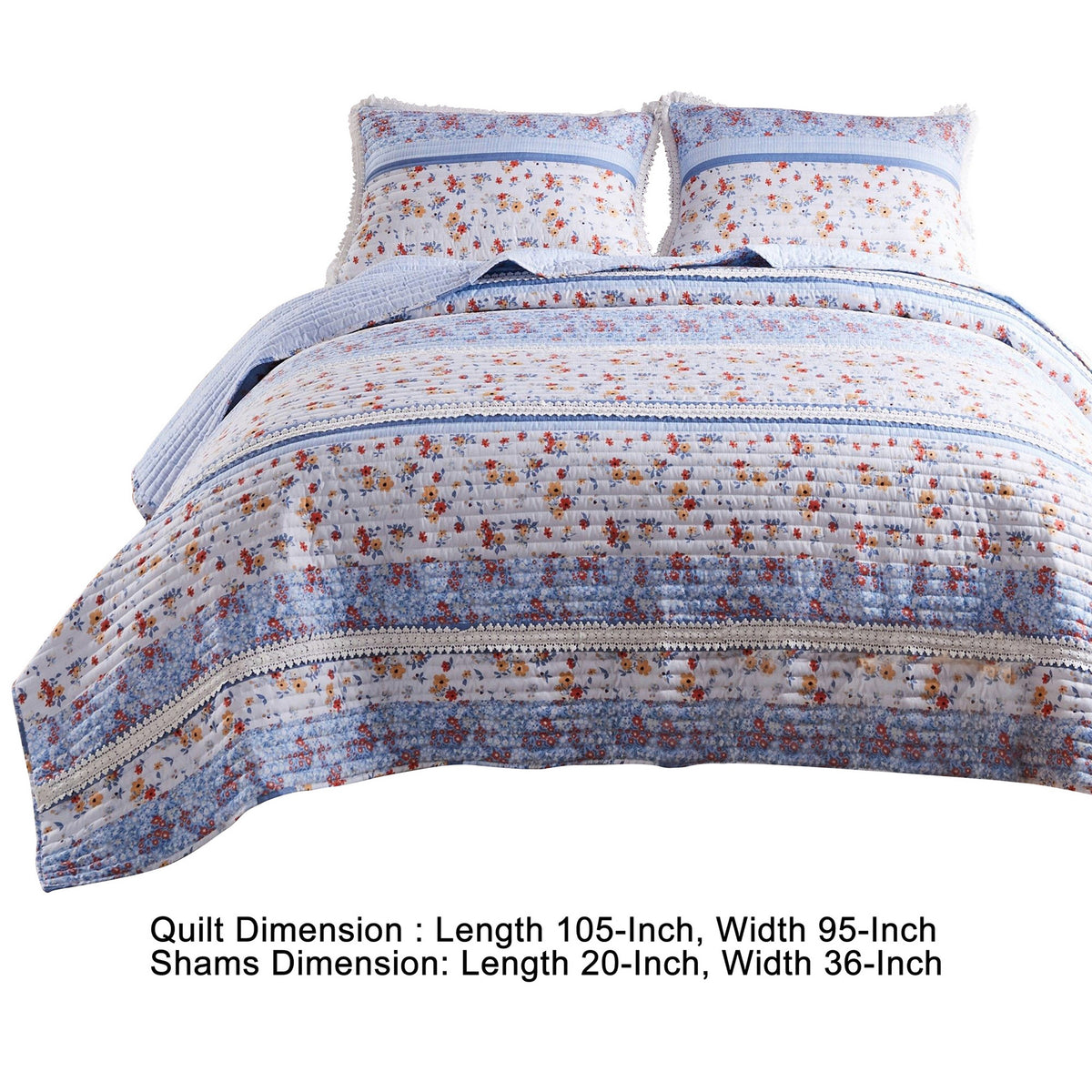 Joa 3 Piece Microfiber King Quilt Set, Floral Print, Lace Trim