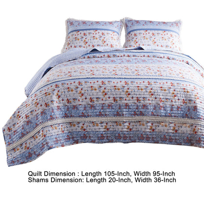 Joa 3 Piece Microfiber King Quilt Set, Floral Print, Lace Trim