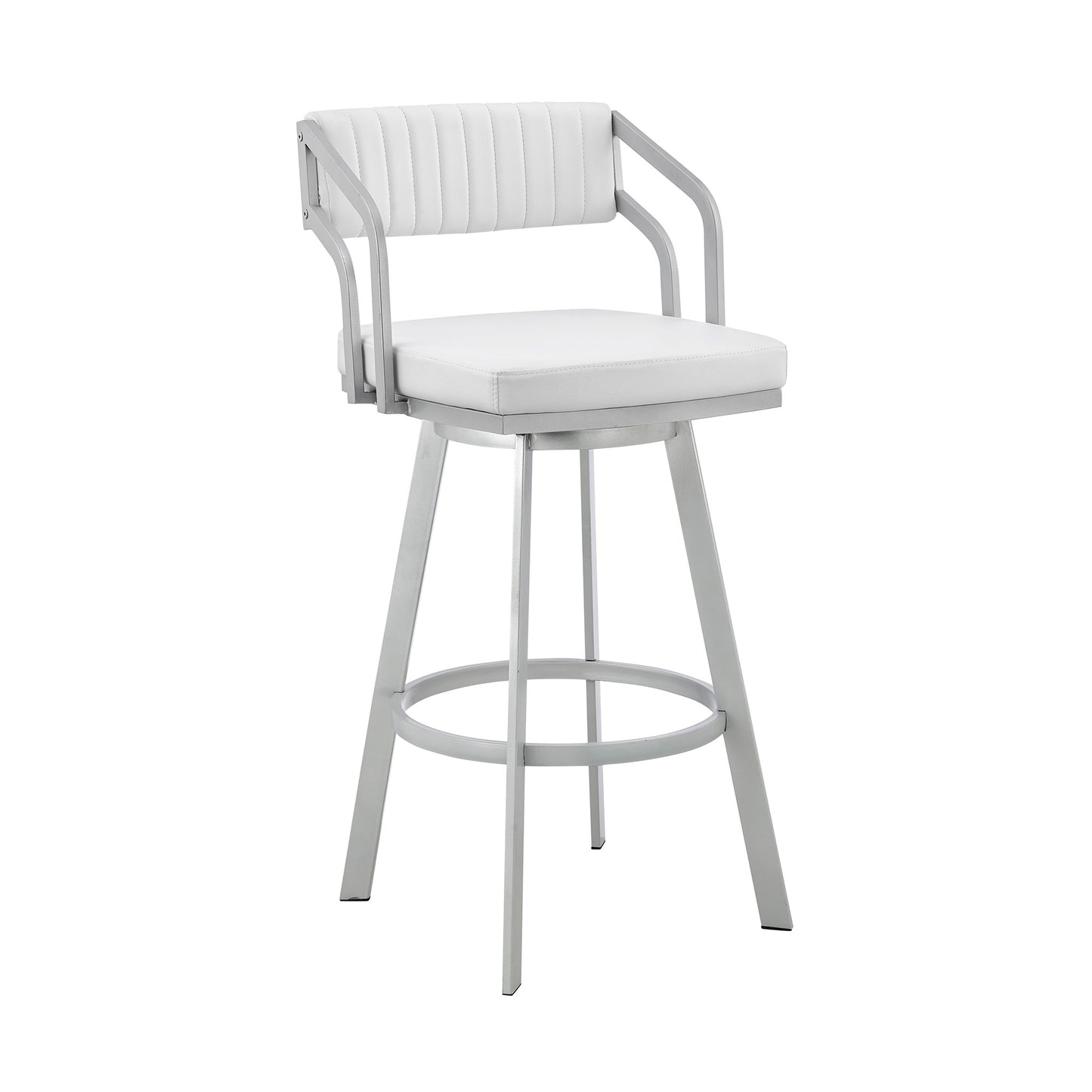 Lyla 26 Inch Counter Height Stool, Swivel, Faux Leather, White, Silver — Chic Home-Decor