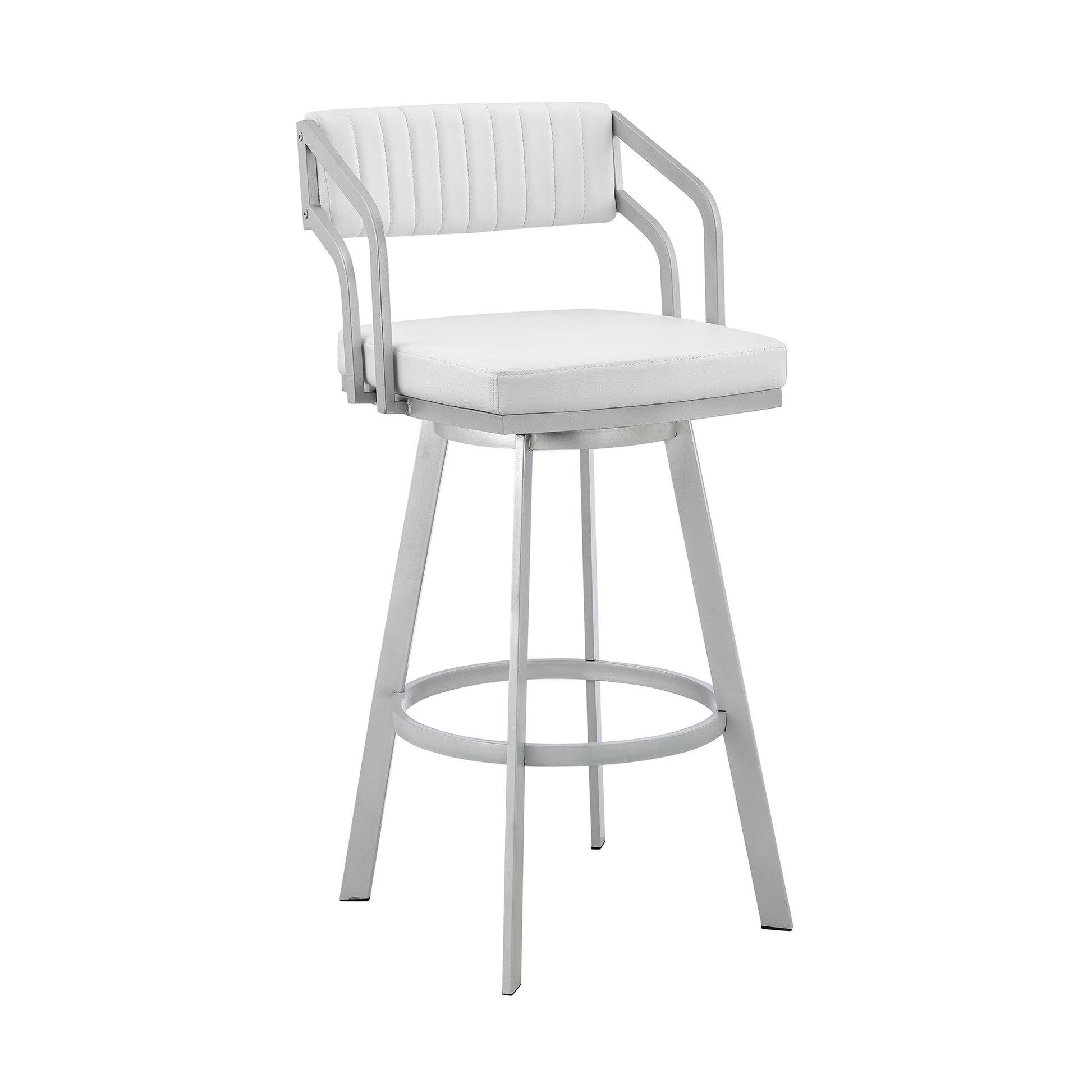 Lyla 26 Inch Counter Height Stool, Swivel, Faux Leather, White, Silver — Chic Home-Decor