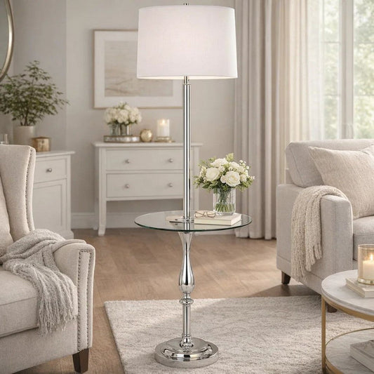 Ava 61 Inch Modern Floor Lamp, Glass Tray Table, 1 USB Port, Glossy, Chrome