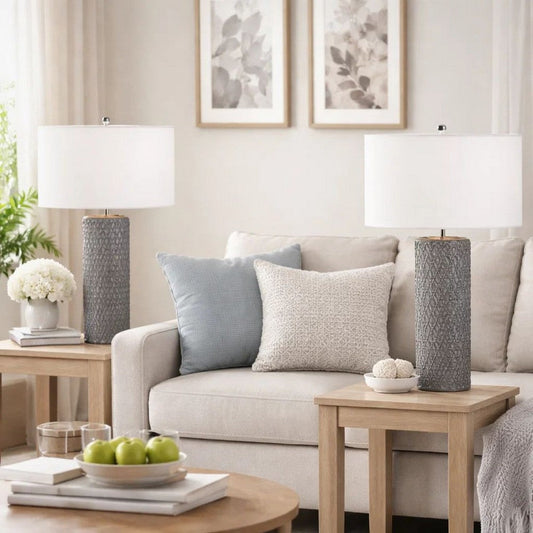 29 Inch Accent Table Lamp Set of 2, Tall Cylinder, Ball Finial Accent, Gray