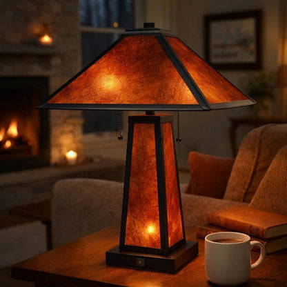 24 Inch Elegant Mica Table Lamp With Night Light, Pull Chain Switch