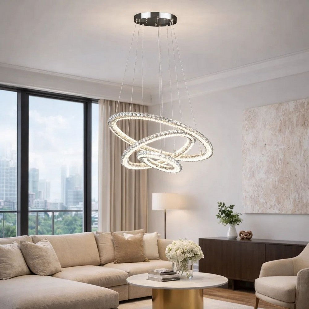 12-47 Inch Adjustable Chandelier, Offset Circle Design Silver Chrome Finish